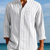 Men's Linen Fashion Shirt Striped Stand-up Collar Loose-fitting Breathable Casual