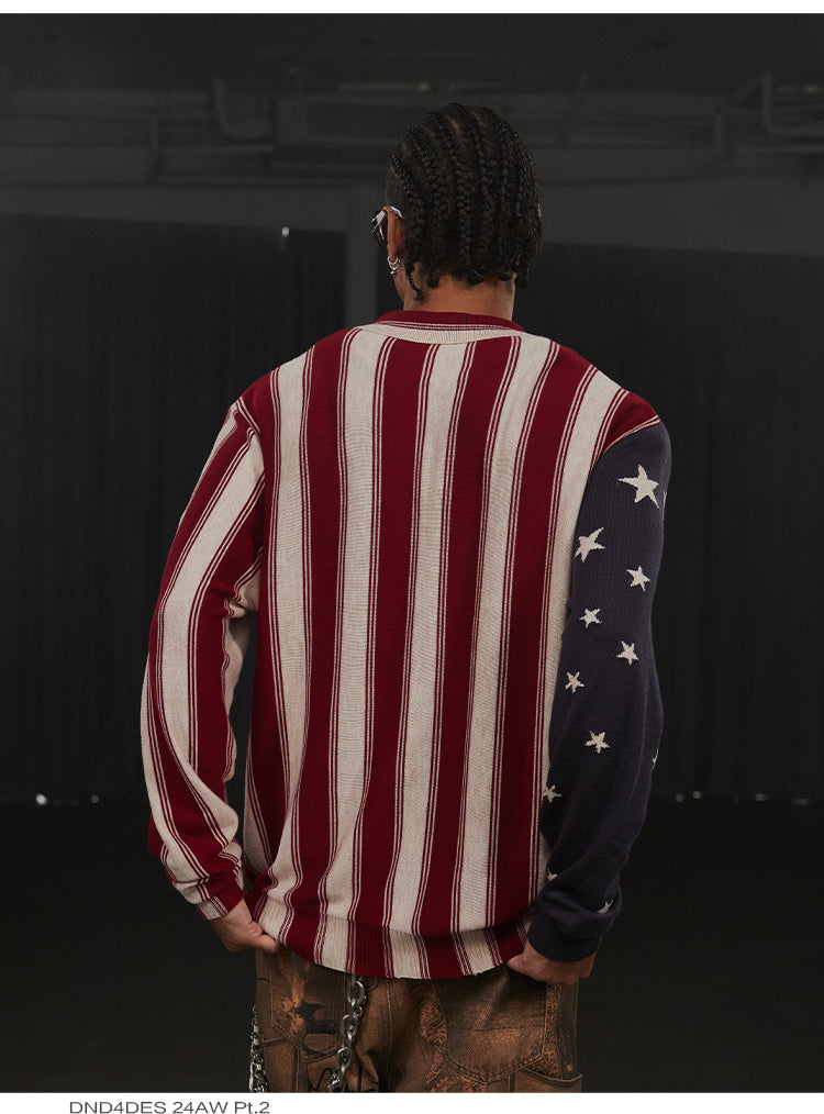 American Retro Flag XINGX Printed Striped Sweater Short Wide Long-sleeved Shirt