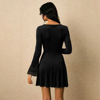 Square Neckline And Patchwork Flared Sleeves Elegant AutumnWinter Women's Dress