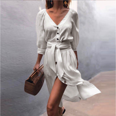 V-neck strap mid sleeve dress