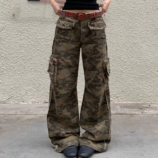 Women's Loose Straight Drooping Vintage Tassel Camouflage Workwear Jeans