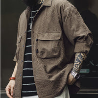 Workwear Outdoor Cuban Collar Seersucker Long Sleeve Shirt