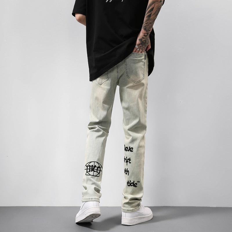 Distressed Yellow Mud Print Jeans
