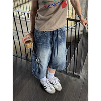 American-style Washed Loose-fit Multi-pocket Denim Capri Pants