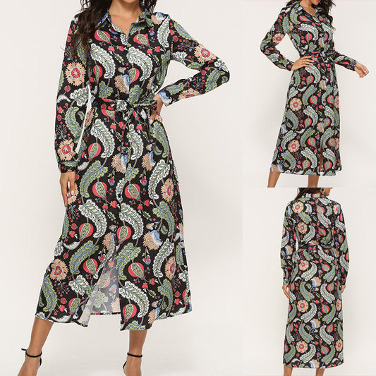 Ladies Fashion Casual Printed Chiffon Long Sleeve Shirt Chiffon Skirt