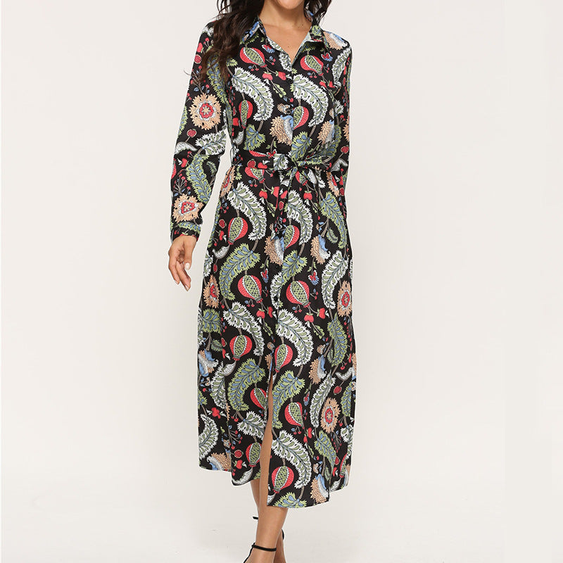 Ladies Fashion Casual Printed Chiffon Long Sleeve Shirt Chiffon Skirt