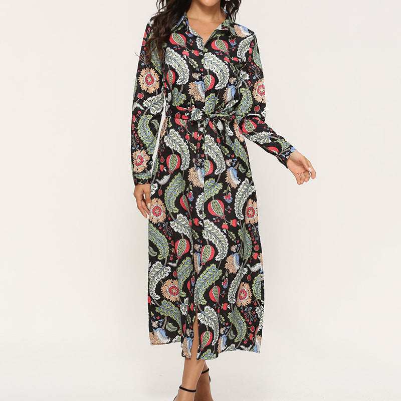 Ladies Fashion Casual Printed Chiffon Long Sleeve Shirt Chiffon Skirt