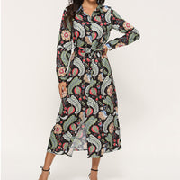 Ladies Fashion Casual Printed Chiffon Long Sleeve Shirt Chiffon Skirt