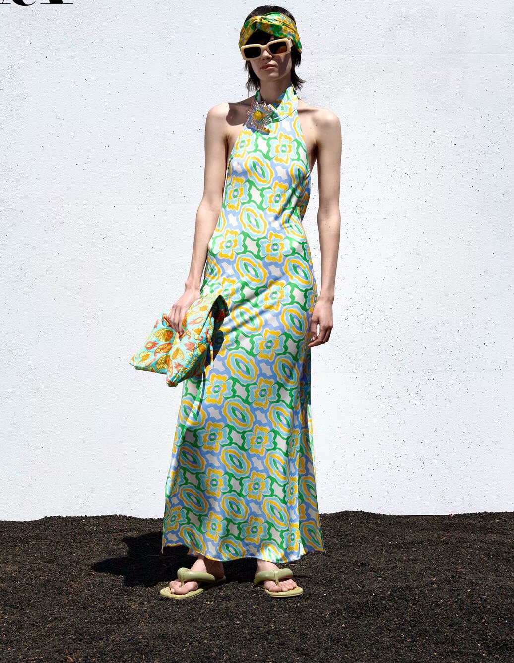 Spring Long Printed Midi Halterneck Dress