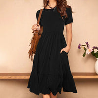 European And American Summer Pure Color Ruffles Hem Hidden Pocket Elegant Dress