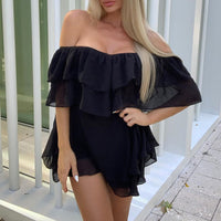 One-line neck strapless ruffle dress