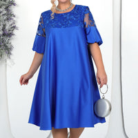 Embroidered Solid Color Patchwork Round Neck Lantern Sleeve Temperament Leisure Dress