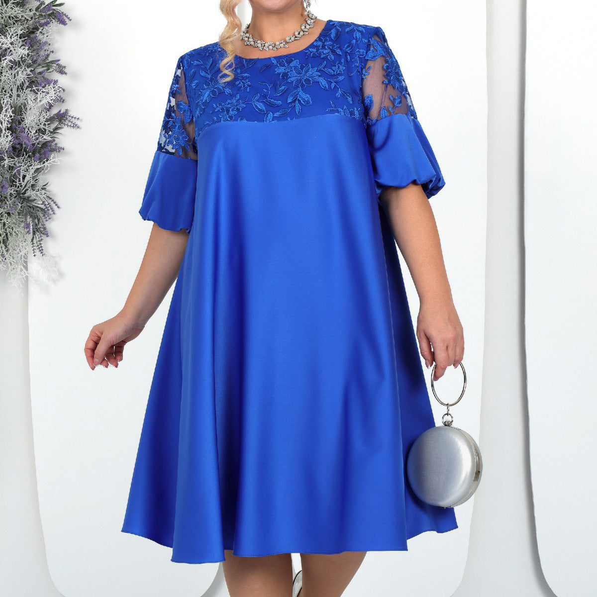 Embroidered Solid Color Patchwork Round Neck Lantern Sleeve Temperament Leisure Dress