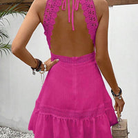 Female Solid Color Hollow Lace Patchwork Neck Tie Dress