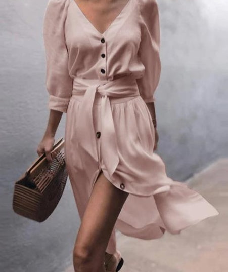 V-neck strap mid sleeve dress