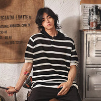 Men's Short-sleeved Loose Versatile Casual Lapel Stripe Top
