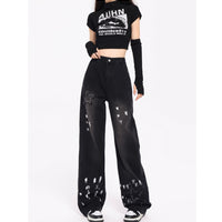 Korean Style Retro XINGX Embroidered Jeans Autumn And Winter New High Waist Splash-ink Wide Leg Straight Mop Pants