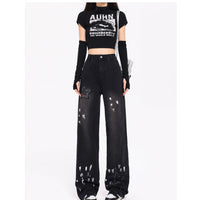 Korean Style Retro XINGX Embroidered Jeans Autumn And Winter New High Waist Splash-ink Wide Leg Straight Mop Pants