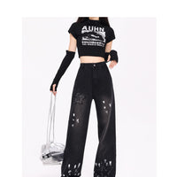 Korean Style Retro XINGX Embroidered Jeans Autumn And Winter New High Waist Splash-ink Wide Leg Straight Mop Pants