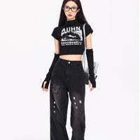 Korean Style Retro XINGX Embroidered Jeans Autumn And Winter New High Waist Splash-ink Wide Leg Straight Mop Pants