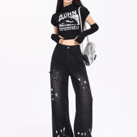 Korean Style Retro XINGX Embroidered Jeans Autumn And Winter New High Waist Splash-ink Wide Leg Straight Mop Pants