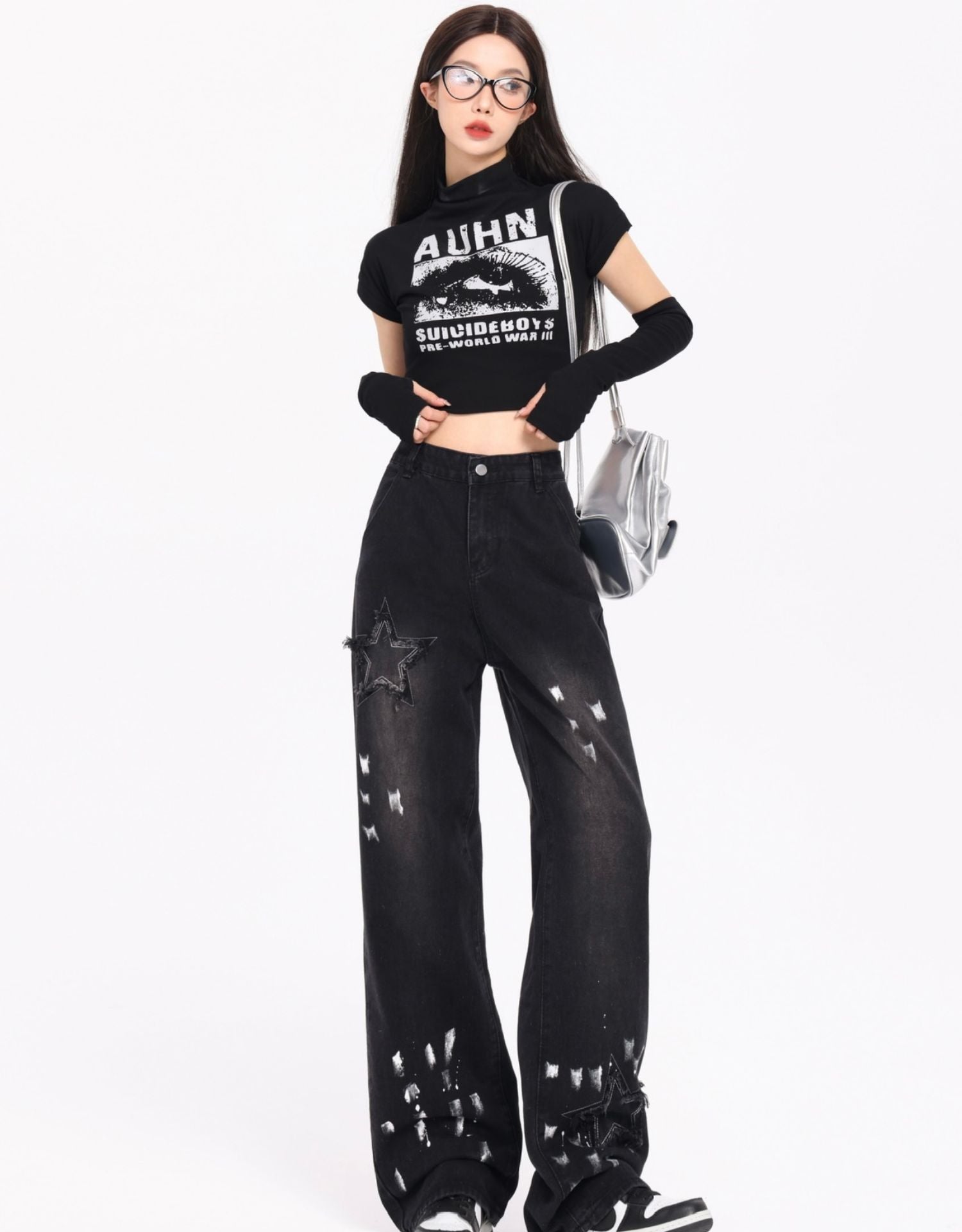 Korean Style Retro XINGX Embroidered Jeans Autumn And Winter New High Waist Splash-ink Wide Leg Straight Mop Pants