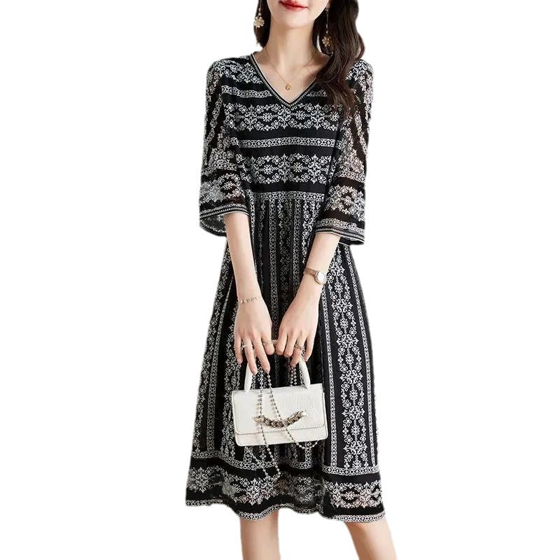 Chiffon Printed Temperament V-neck Skirt Summer Sense Socialite Style