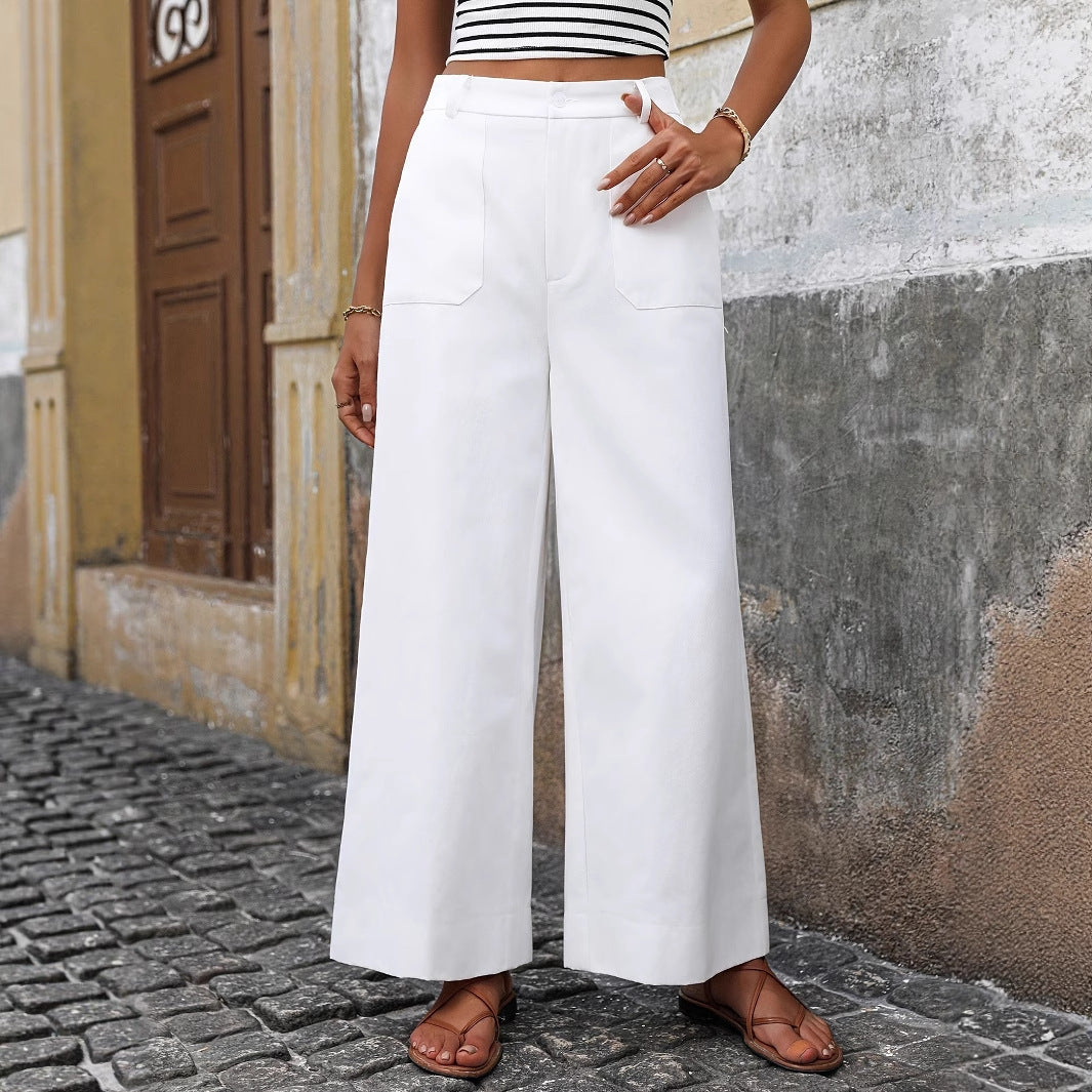 European And American Style Women's Solid Color Pants High Waist Wide Leg Trousers