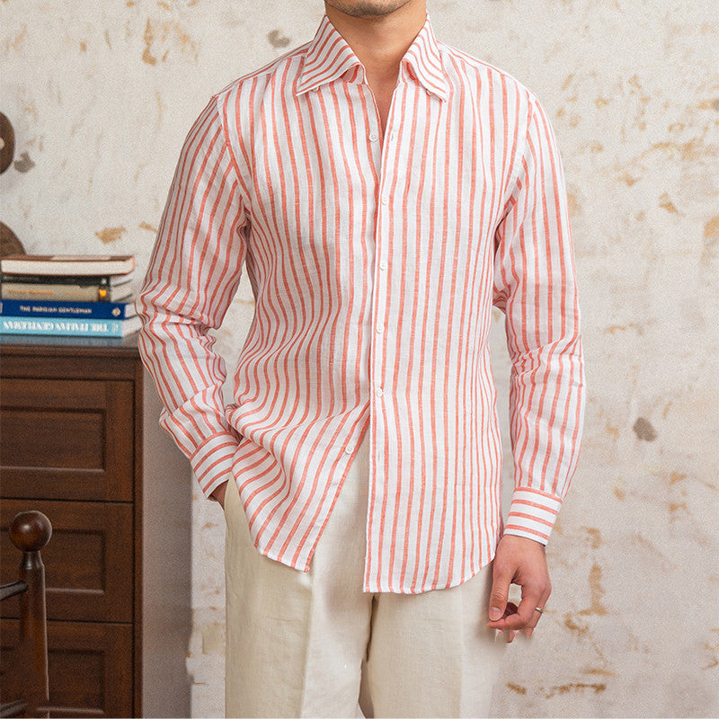 Linen Striped Long-sleeved Shirt With One Collar