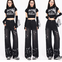 Korean Style Retro XINGX Embroidered Jeans Autumn And Winter New High Waist Splash-ink Wide Leg Straight Mop Pants