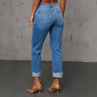 Cuffed Capri Pants, Fashionable Stretchy Whiskered Denim Jeans