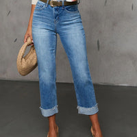 Cuffed Capri Pants, Fashionable Stretchy Whiskered Denim Jeans
