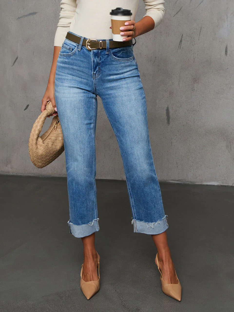 Cuffed Capri Pants, Fashionable Stretchy Whiskered Denim Jeans