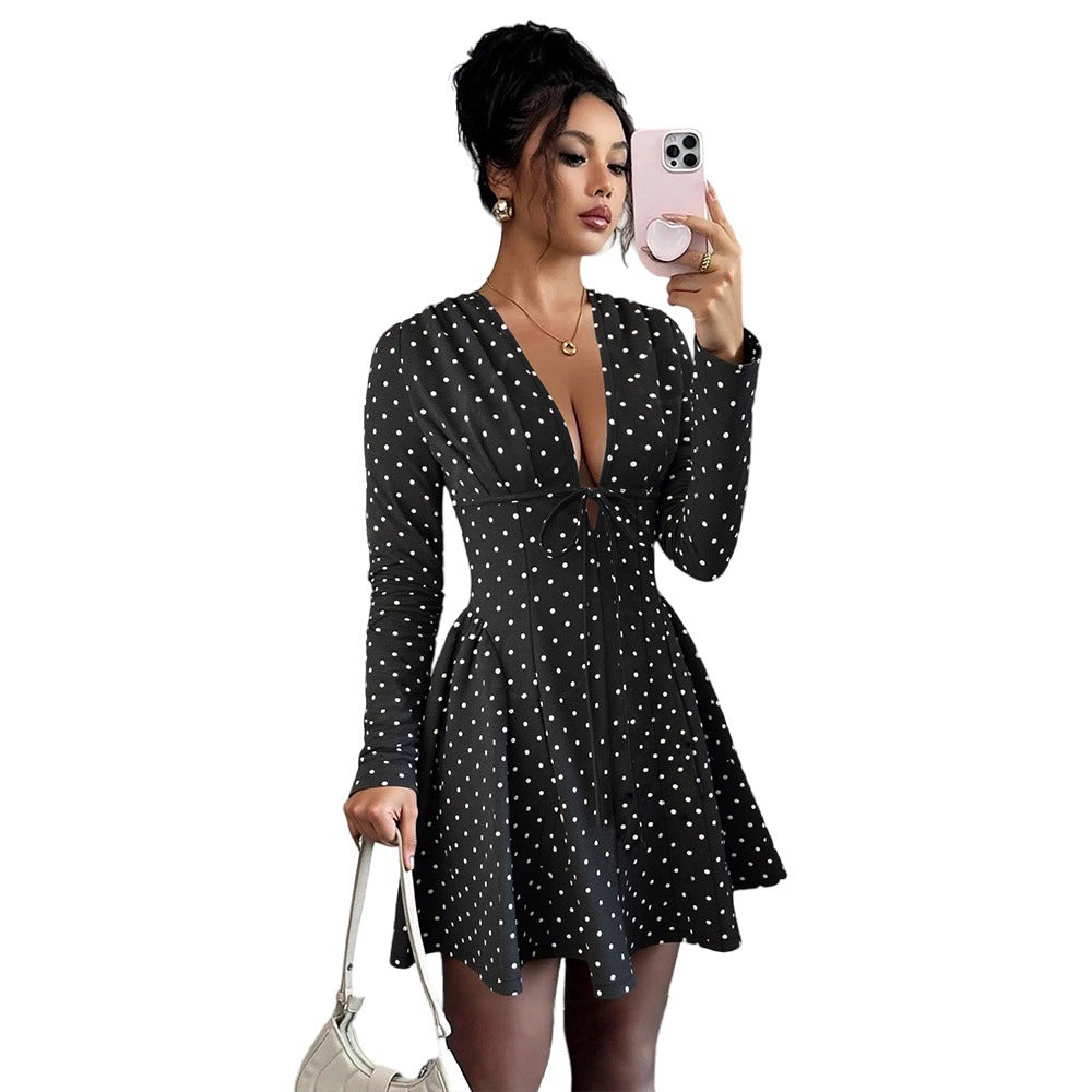 Fashionable Sweet Polka-Dot V-Neck Long-Sleeve Elastic-Waist Dress