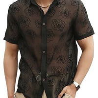 Men's Rose Flower Mesh See-through Button Short Sleeve