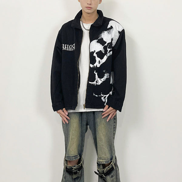 Embroidered Skull Print Black Denim Jacket