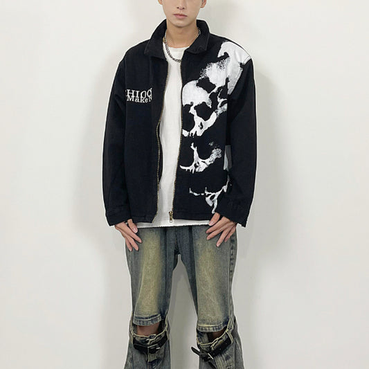Embroidered Skull Print Black Denim Jacket