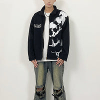 Embroidered Skull Print Black Denim Jacket