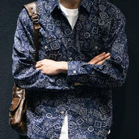 Social Style Denim Printing Men's Lapel Casual Shirt