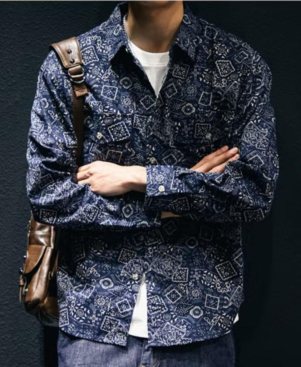 Social Style Denim Printing Men's Lapel Casual Shirt