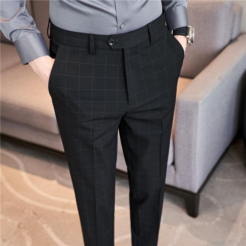 Textured Plaid Pants Slim-fit
