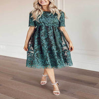 Plus Size Mid-length Lace Embroidered Short Sleeve Women's Dress