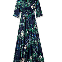 Bohemia retro national wind pattern holiday wind V collar long loose dress