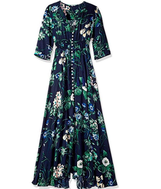 Bohemia retro national wind pattern holiday wind V collar long loose dress