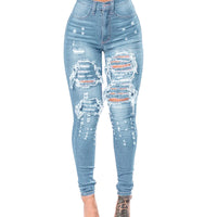 Women's Ripped Denim Washed Denim Pants