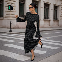 Socialite-style Black Polka-dot Dress For Women Autumnwinter Long-sleeve Ultra-low Back Figure-hugging With Tie-back Detail And Maxi Length