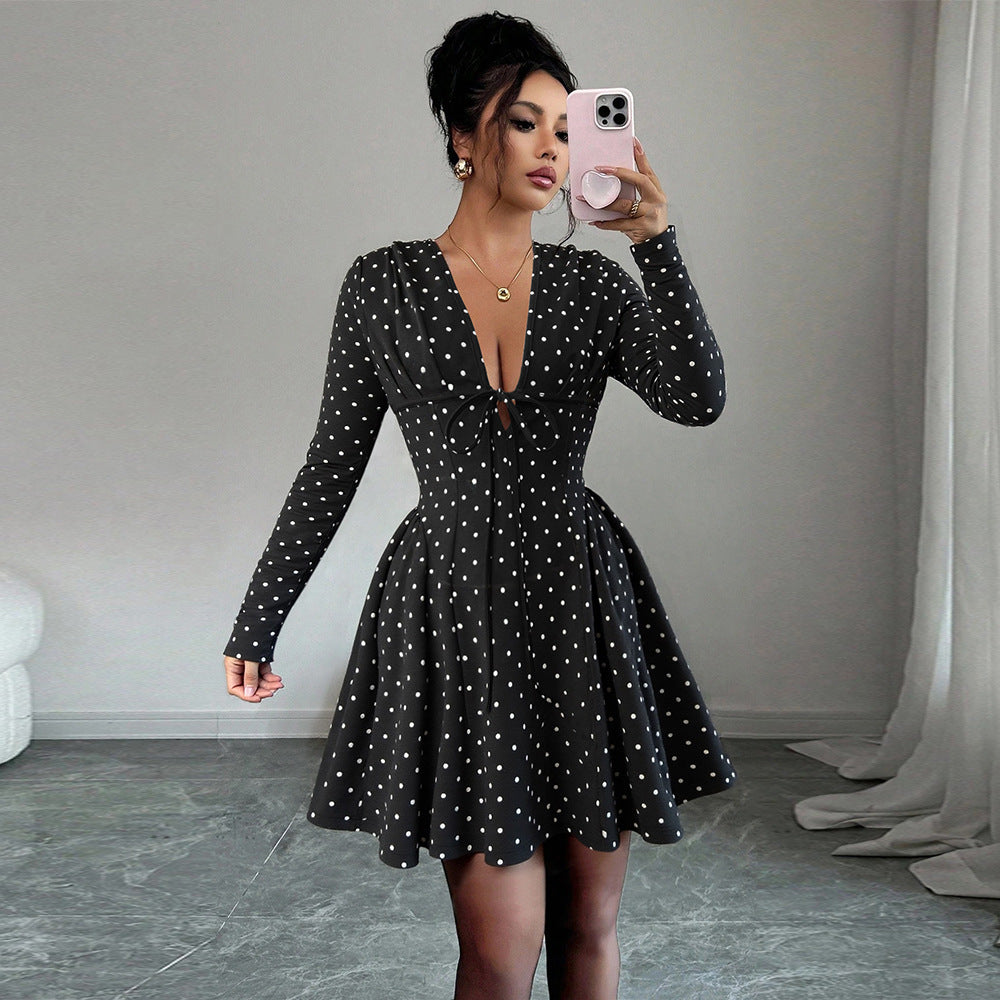 Fashionable Sweet Polka-Dot V-Neck Long-Sleeve Elastic-Waist Dress