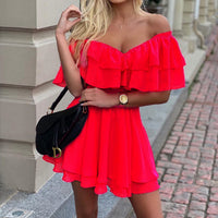 One-line neck strapless ruffle dress