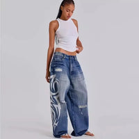 Womens Distressed Relaxed-Fit Denim Jeans