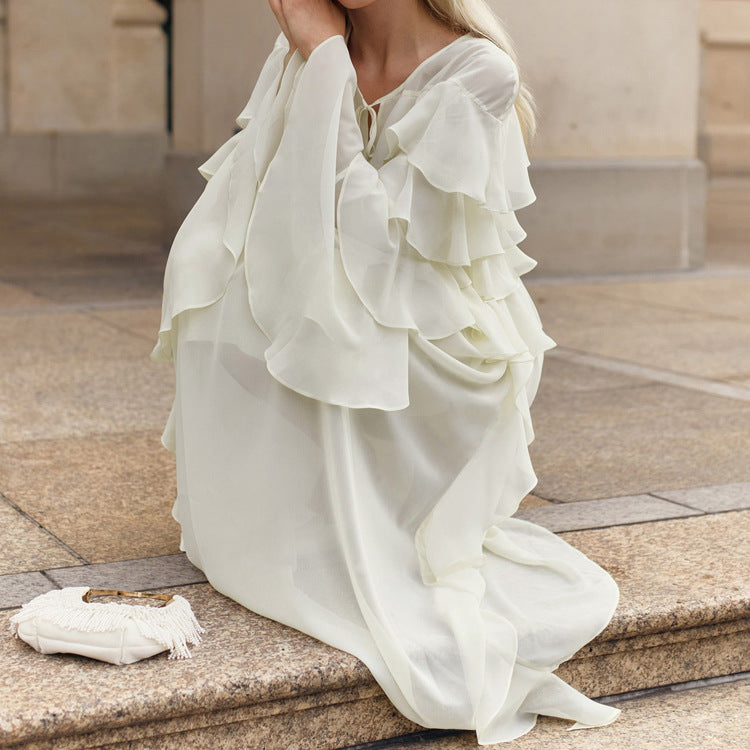 Tiered-Ruffle Long Dress Loose Lace-up Chiffon Dress